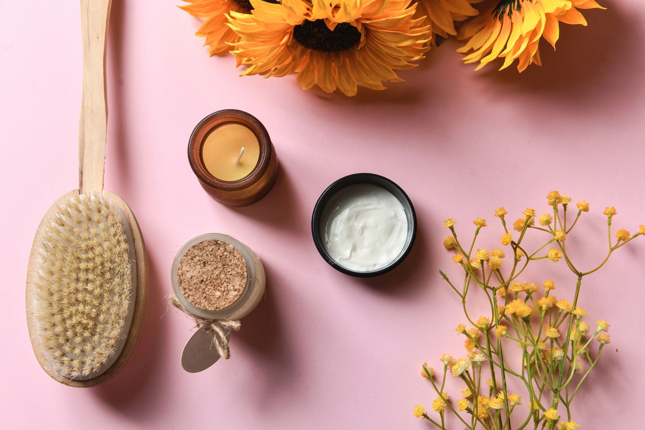 Beauty products on a pink background